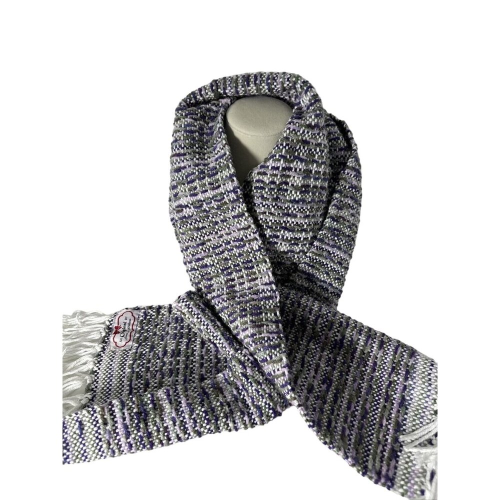 Hand Made Fine Yarn  Hand Knit 100% Lambswool Scarf Fringe Purple Green White